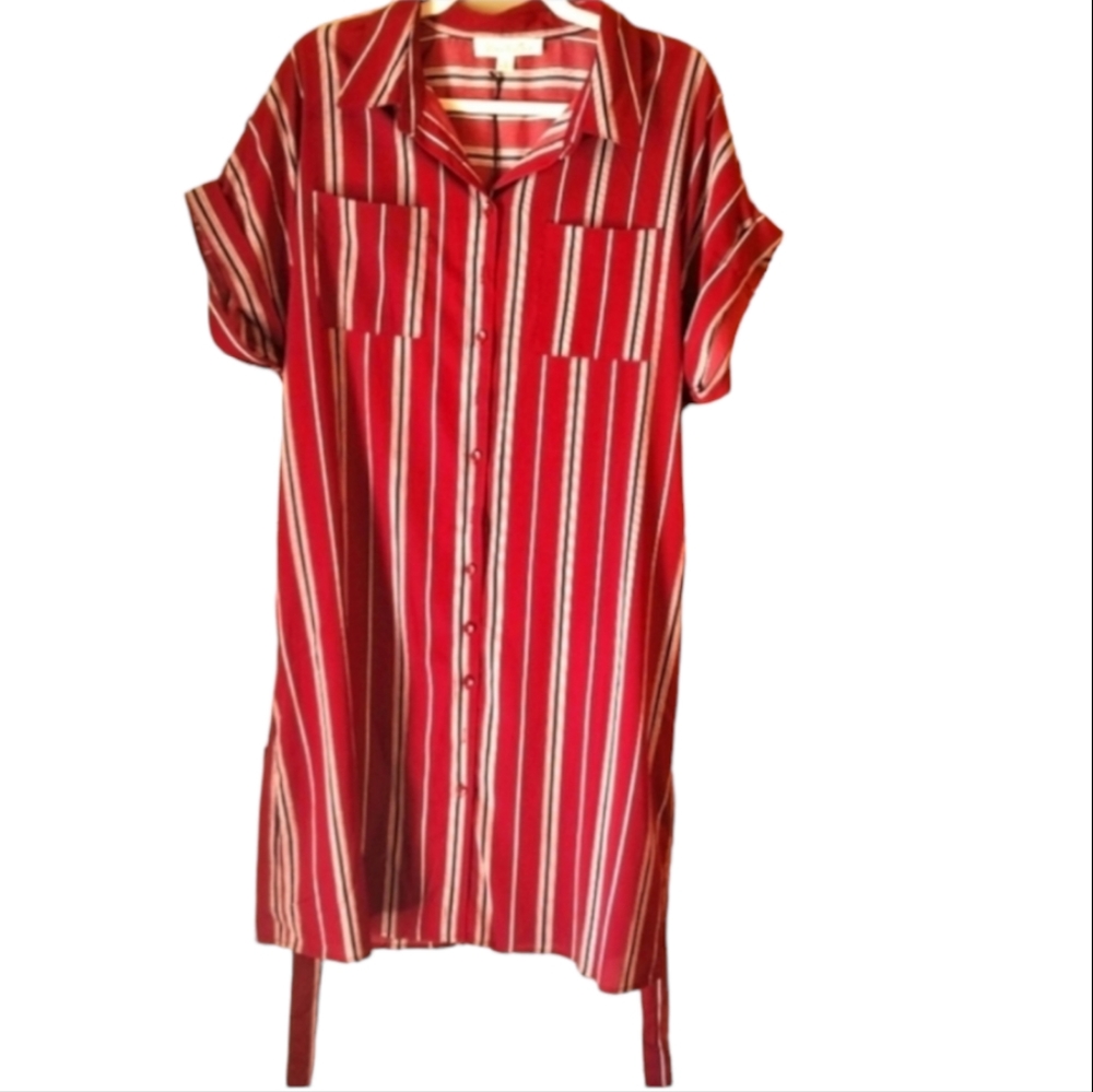 Maroon striped shirt dress 1X